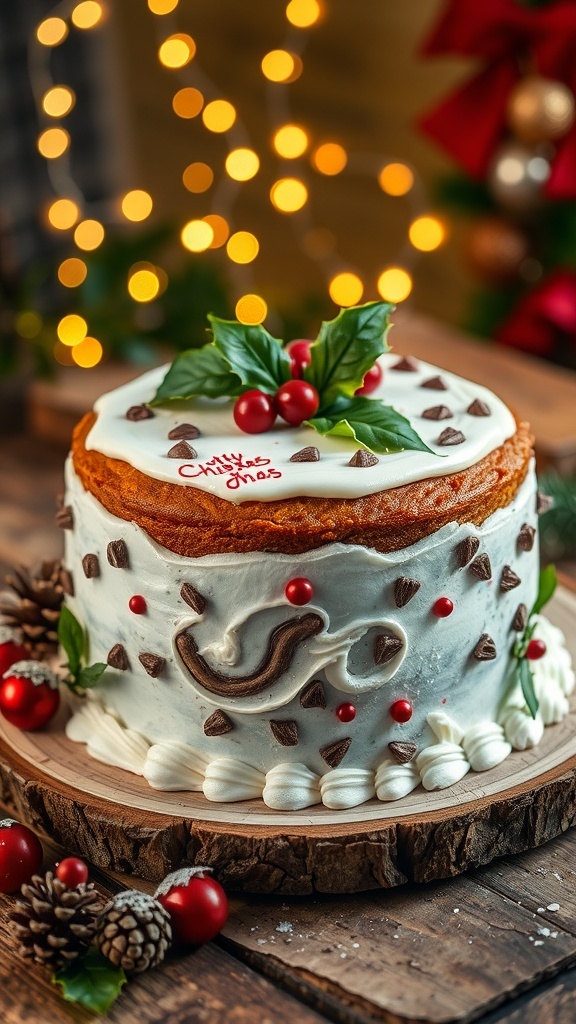 A traditional Christmas fruit cake decorated with icing and holly, set on a wooden table with holiday decorations.
